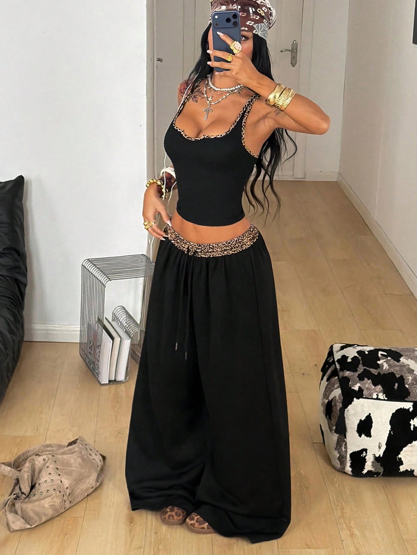 Coolane Women's Black Summer Casual Streetwear Night Out Y2K Concert Outfit Gyaru Notched Corset Stretchy Vest And Baggy Low Rise Pants Two Pieces Outfits