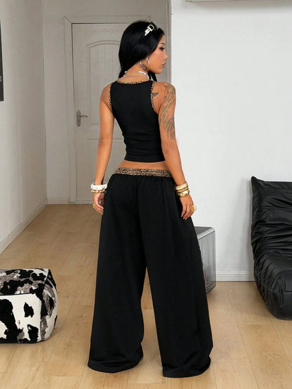 Coolane Women's Black Summer Casual Streetwear Night Out Y2K Concert Outfit Gyaru Notched Corset Stretchy Vest And Baggy Low Rise Pants Two Pieces Outfits