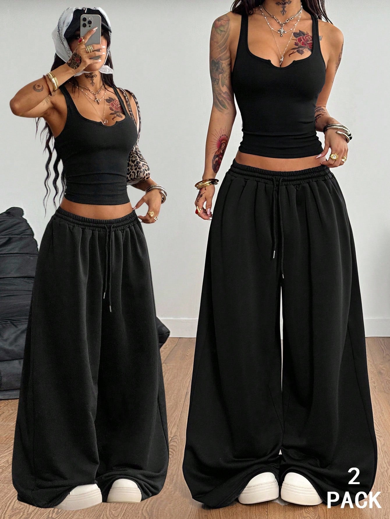 Coolane Women's Black Summer Casual Streetwear Night Out Y2K Concert Outfit Gyaru Notched Corset Stretchy Vest And Baggy Low Rise Pants Two Pieces Outfits