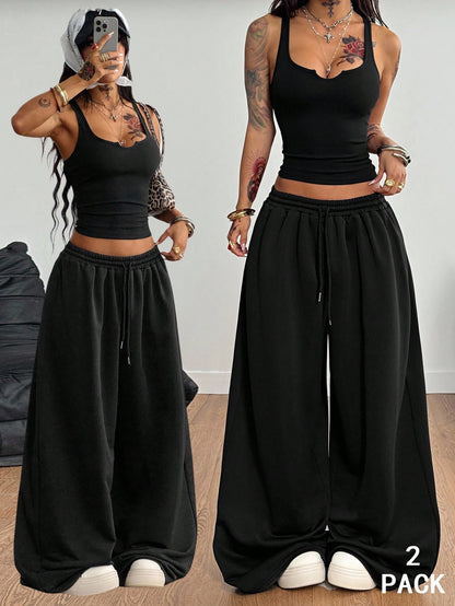 Coolane Women's Black Summer Casual Streetwear Night Out Y2K Concert Outfit Gyaru Notched Corset Stretchy Vest And Baggy Low Rise Pants Two Pieces Outfits