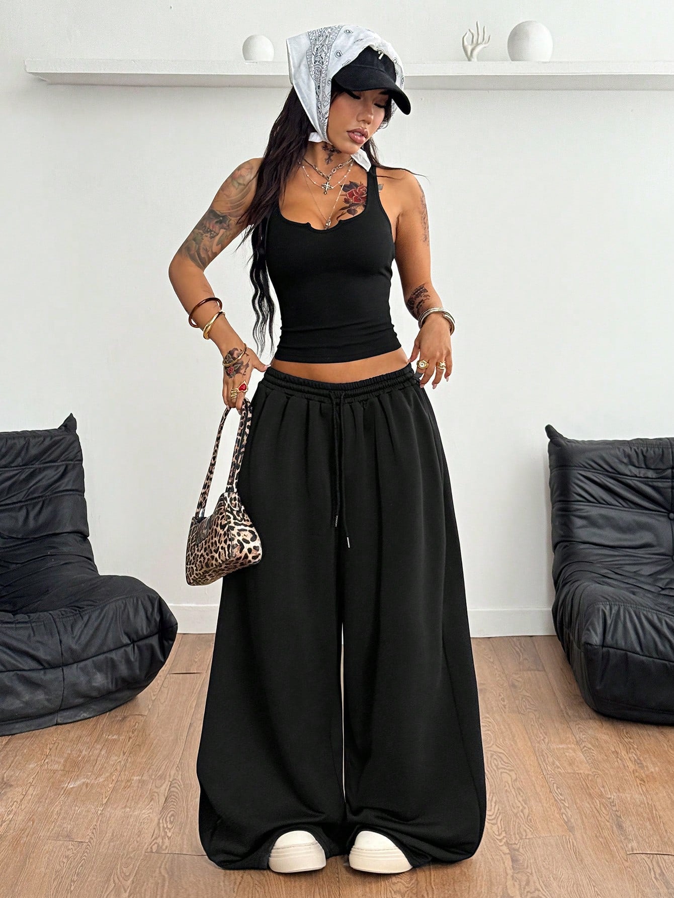 Coolane Women's Black Summer Casual Streetwear Night Out Y2K Concert Outfit Gyaru Notched Corset Stretchy Vest And Baggy Low Rise Pants Two Pieces Outfits