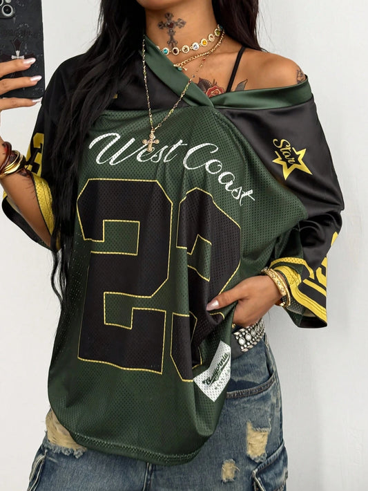 Coolane Women's Spring Summer Festival Going Out Everyday Daytime Weekend Vintage Streetwear Y2K Number Pattern Graphics Baseball Jersey Dark Green T-Shirt