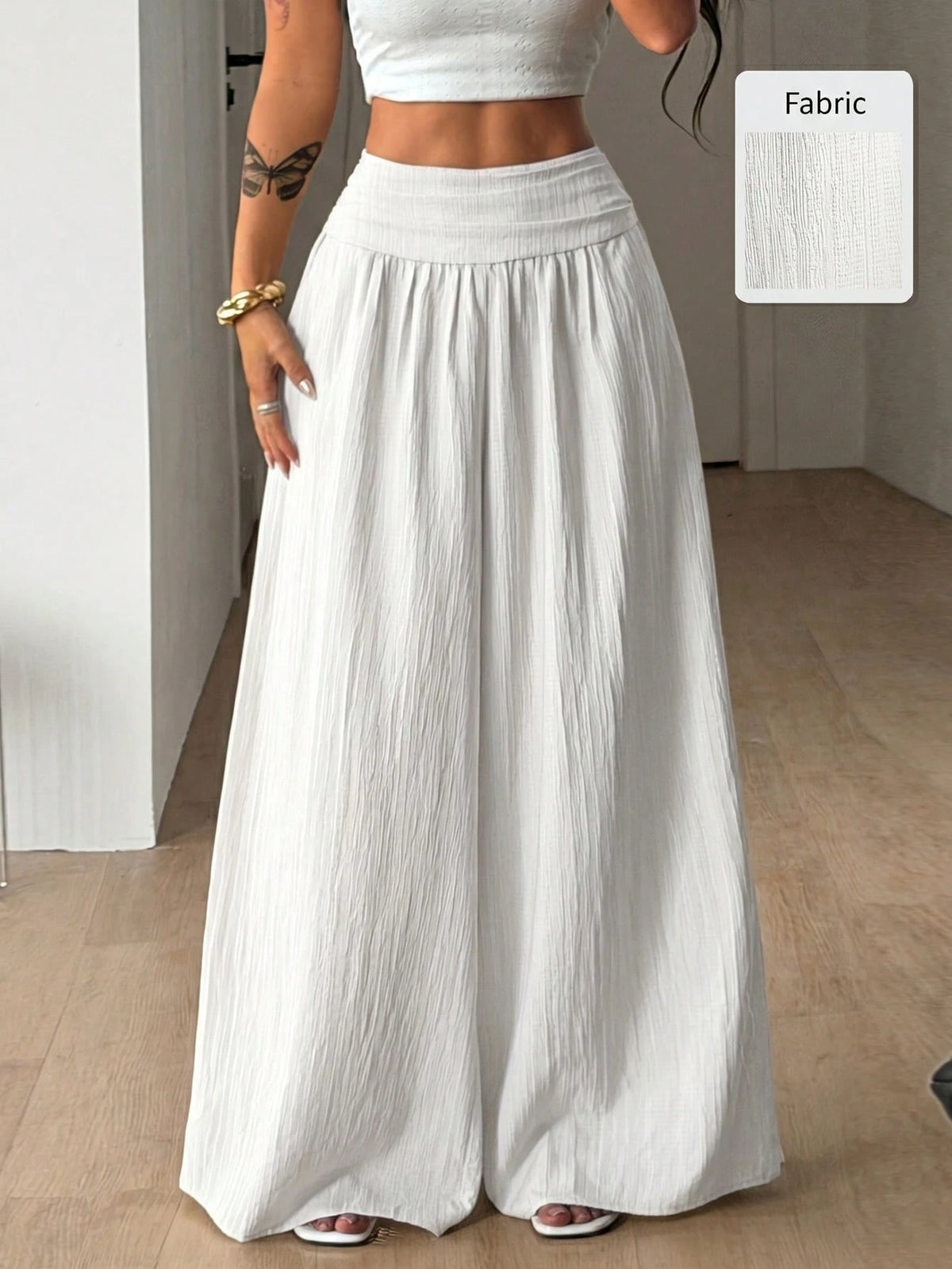 Coolane Women's Summer Casual Vacation White Loose Textured Wide Leg Pants, Resort Wear, Fall Women, Vacations For Summer