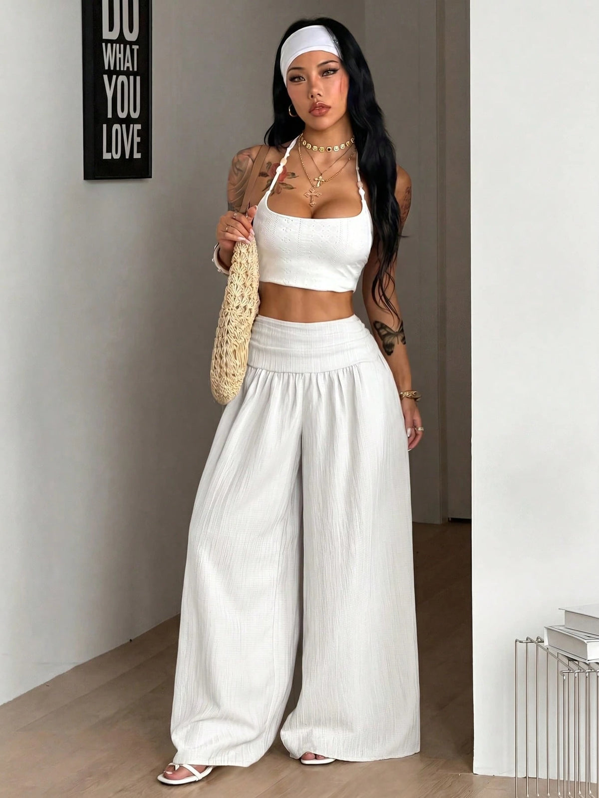 Coolane Women's Summer Casual Vacation White Loose Textured Wide Leg Pants, Resort Wear, Fall Women, Vacations For Summer
