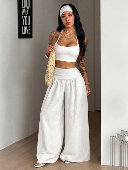 Coolane Women's Summer Casual Vacation White Loose Textured Wide Leg Pants, Resort Wear, Fall Women, Vacations For Summer