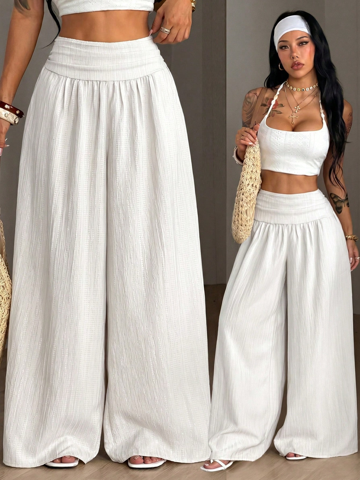 Coolane Women's Summer Casual Vacation White Loose Textured Wide Leg Pants, Resort Wear, Fall Women, Vacations For Summer