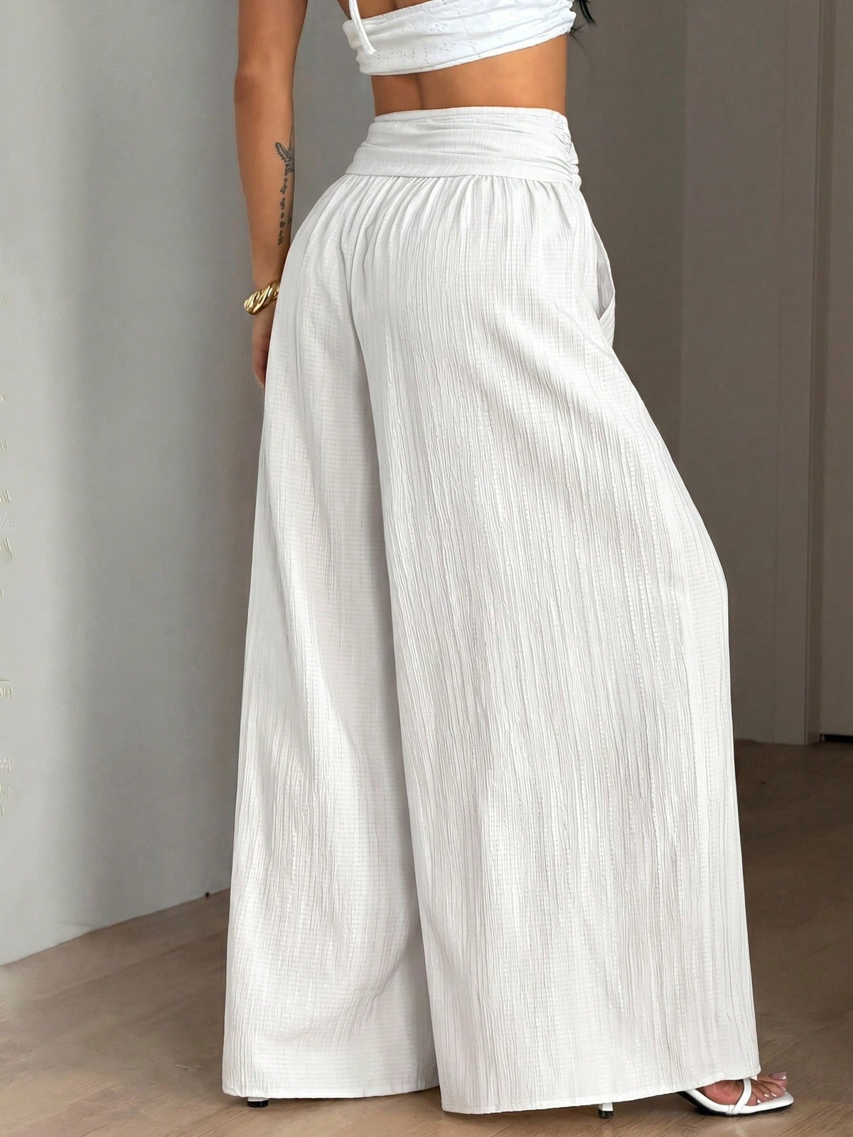 Coolane Women's Summer Casual Vacation White Loose Textured Wide Leg Pants, Resort Wear, Fall Women, Vacations For Summer