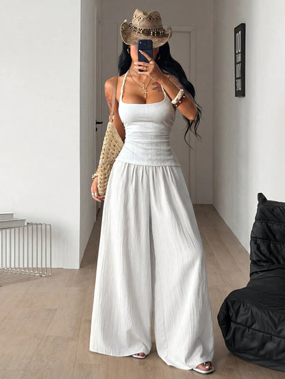 Coolane Women's Summer Casual Vacation White Loose Textured Wide Leg Pants, Resort Wear, Fall Women, Vacations For Summer
