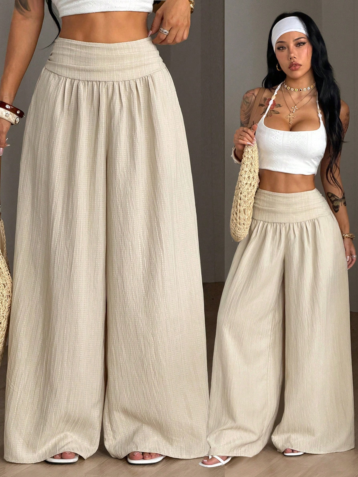 Coolane Women's Summer Casual Vacation White Loose Textured Wide Leg Pants, Resort Wear, Fall Women, Vacations For Summer