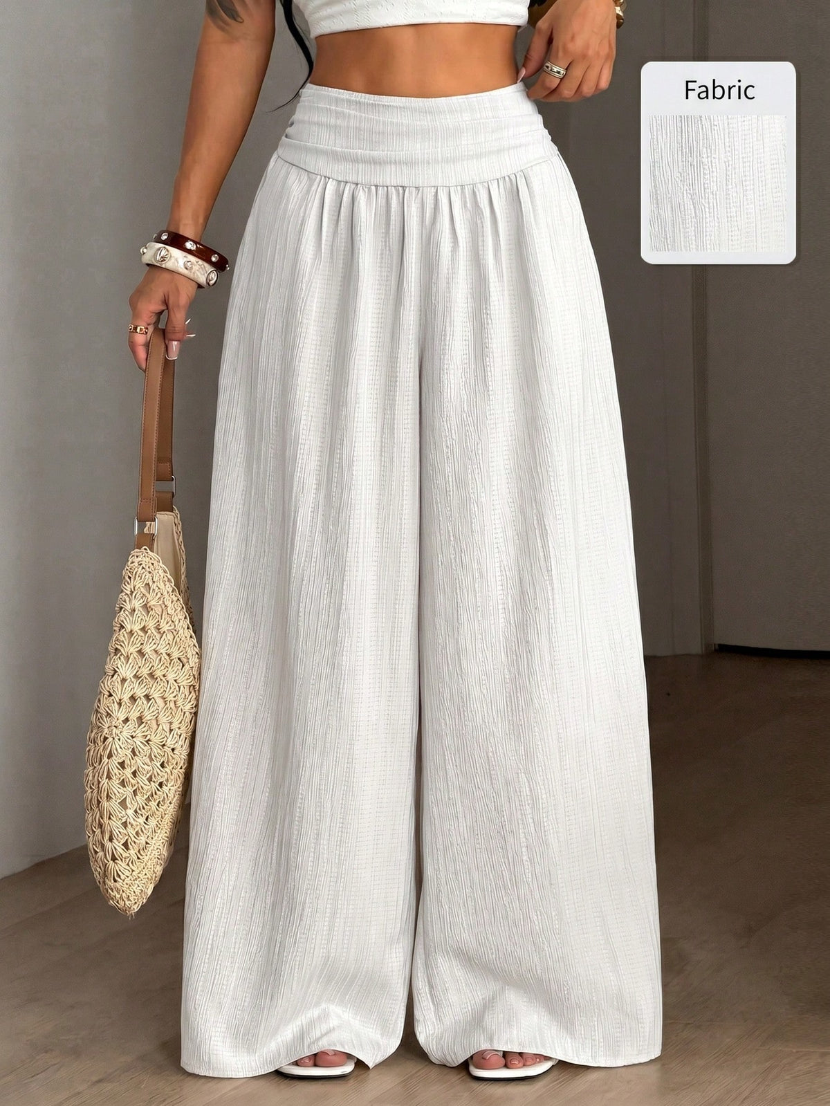 Coolane Women's Summer Casual Vacation White Loose Textured Wide Leg Pants, Resort Wear, Fall Women, Vacations For Summer