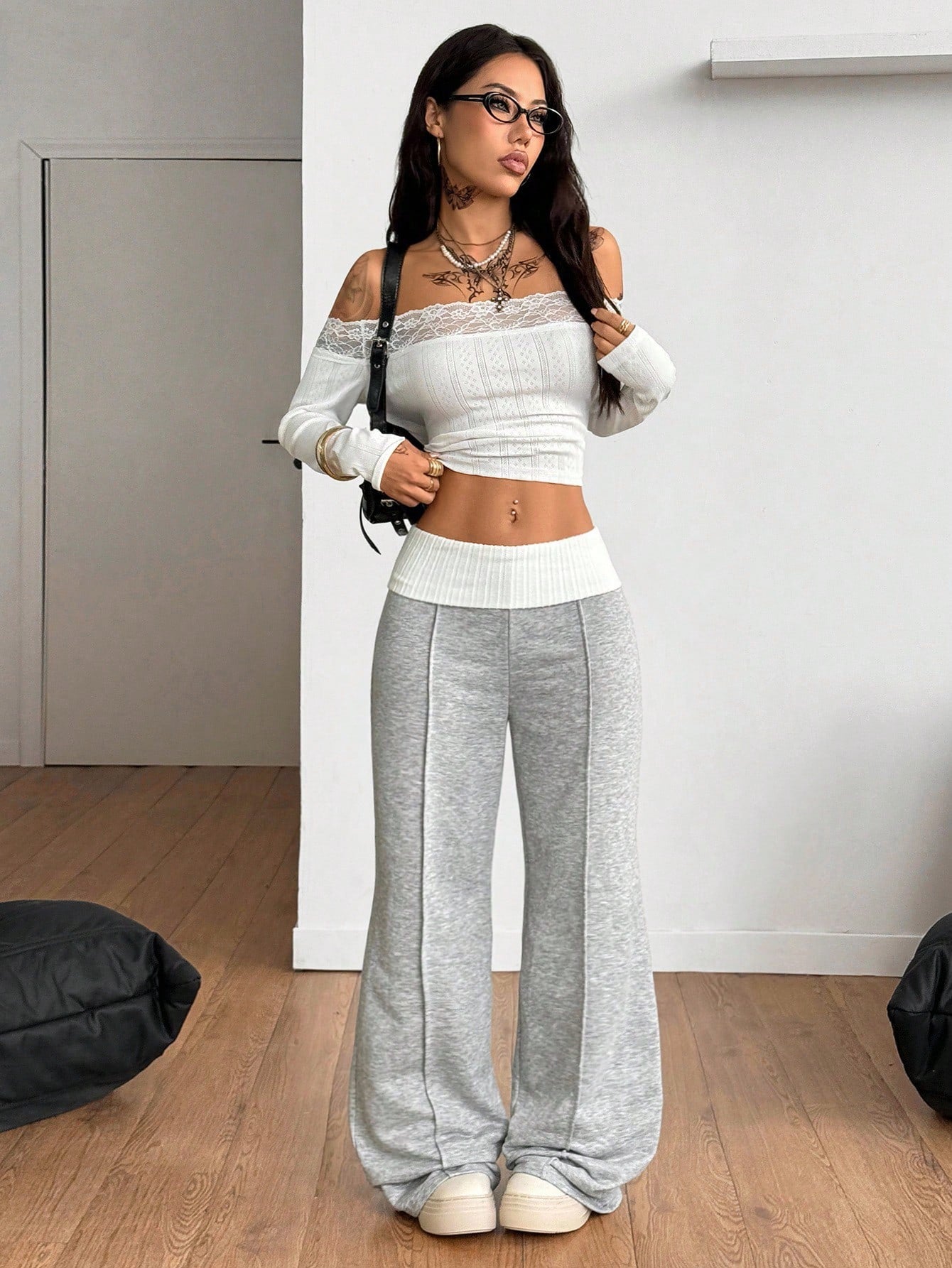 Coolane Women's Summer Streetwear Sporty Workout Fitness Casual Back To School Vintage Y2K Rib Knit White Turn-Down French Grey Flare Pants