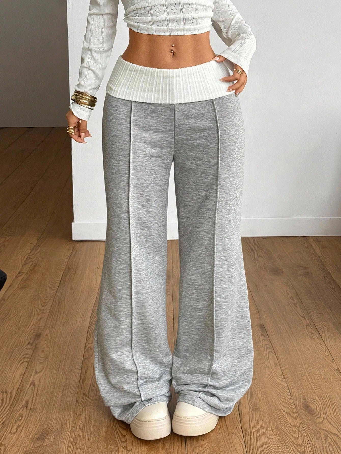 Coolane Women's Summer Streetwear Sporty Workout Fitness Casual Back To School Vintage Y2K Rib Knit White Turn-Down French Grey Flare Pants