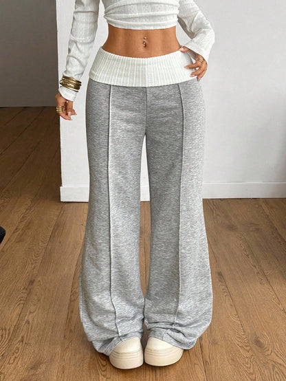 Coolane Women's Summer Streetwear Sporty Workout Fitness Casual Back To School Vintage Y2K Rib Knit White Turn-Down French Grey Flare Pants