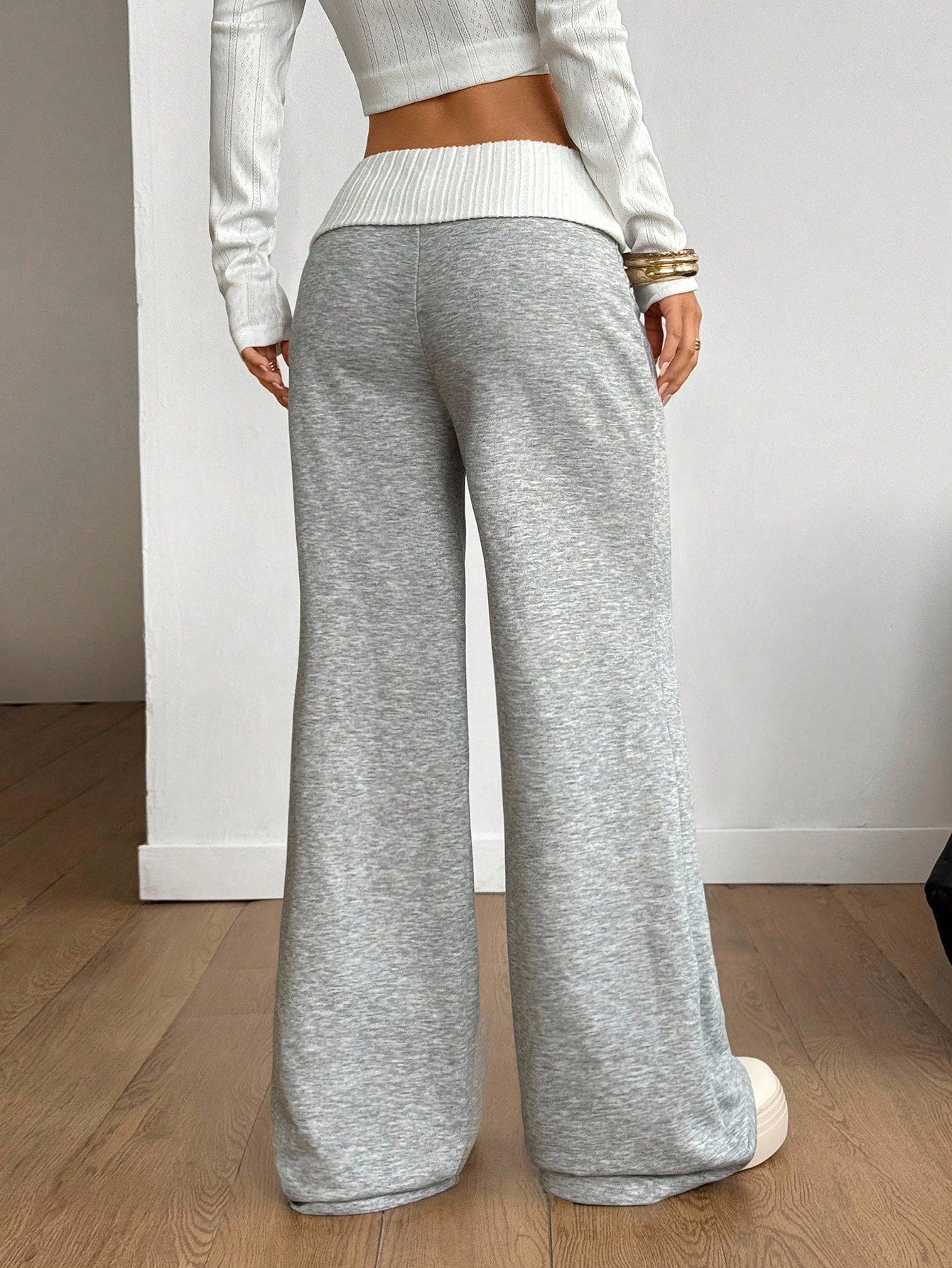 Coolane Women's Summer Streetwear Sporty Workout Fitness Casual Back To School Vintage Y2K Rib Knit White Turn-Down French Grey Flare Pants