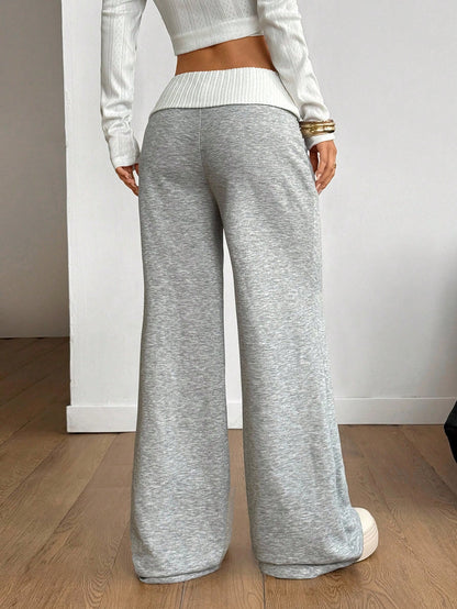 Coolane Women's Summer Streetwear Sporty Workout Fitness Casual Back To School Vintage Y2K Rib Knit White Turn-Down French Grey Flare Pants