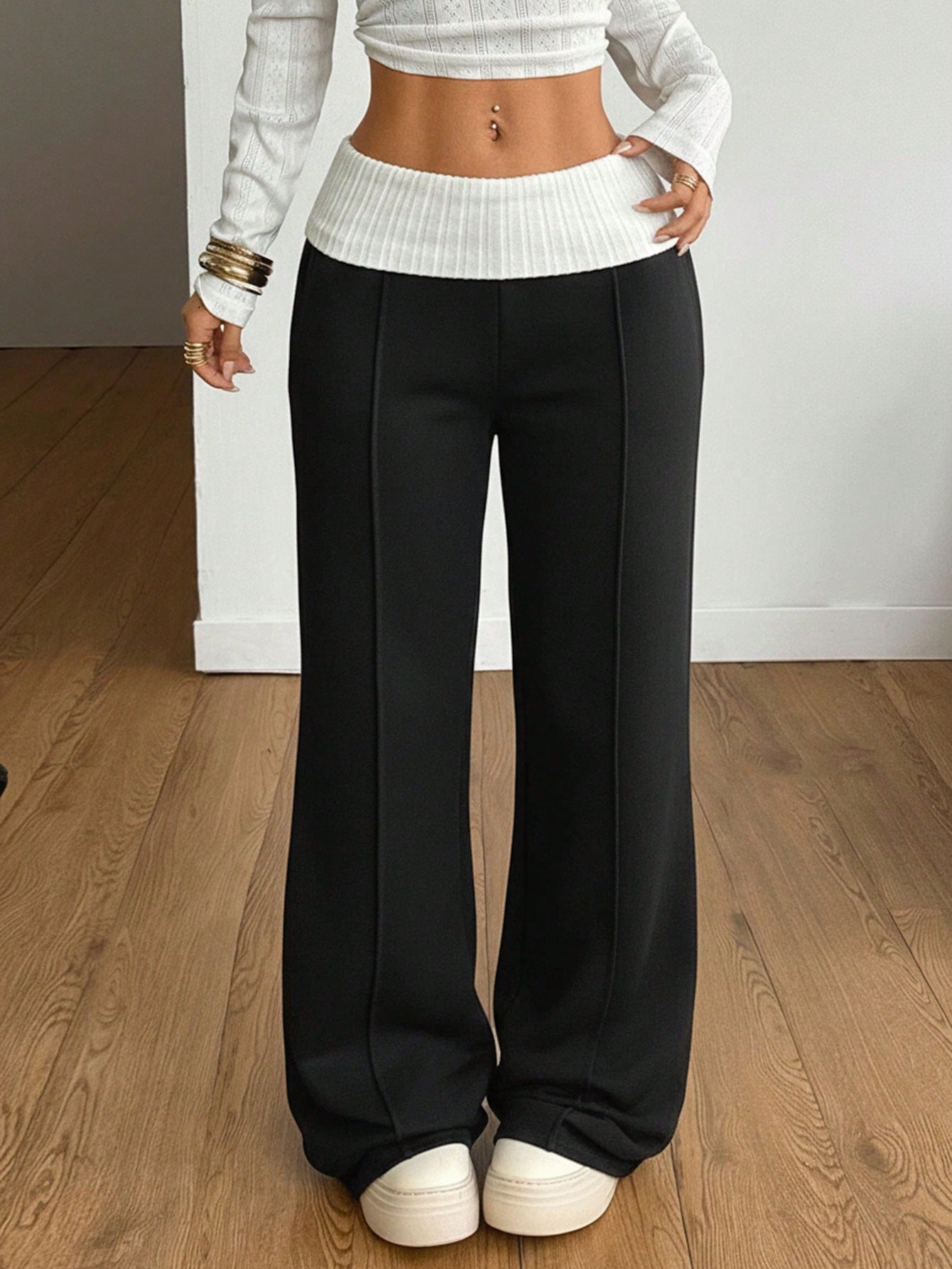 Coolane Women's Summer Streetwear Sporty Workout Fitness Casual Back To School Vintage Y2K Rib Knit White Turn-Down French Grey Flare Pants