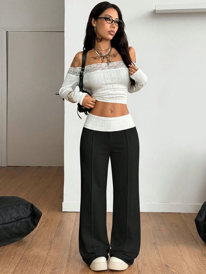 Coolane Women's Summer Streetwear Sporty Workout Fitness Casual Back To School Vintage Y2K Rib Knit White Turn-Down French Grey Flare Pants
