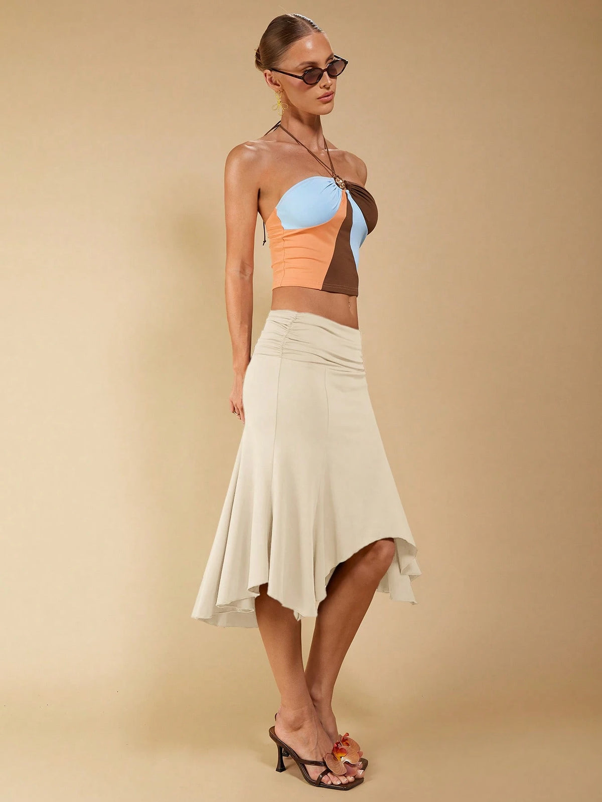 COSMINA Women's Elegant Asymmetrical Ruched Brown Skirt, Suitable For Spring/Summer Vacation