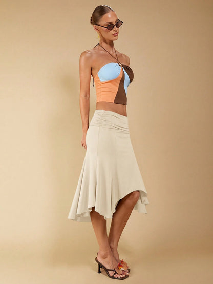 COSMINA Women's Elegant Asymmetrical Ruched Brown Skirt, Suitable For Spring/Summer Vacation