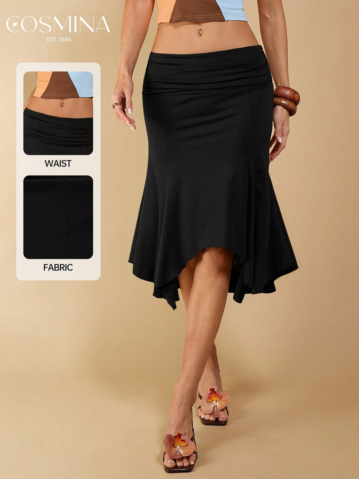 COSMINA Women's Elegant Asymmetrical Ruched Brown Skirt, Suitable For Spring/Summer Vacation