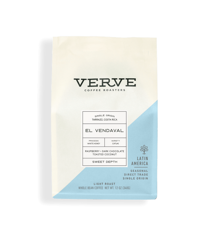 Verve Costa Rica El Vendaval single origin coffee bag with white body and light blue diagonal panel