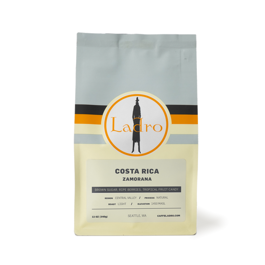 Costa Rica Zamorana coffee bag with Ladro circular logo and bold colorful bands
