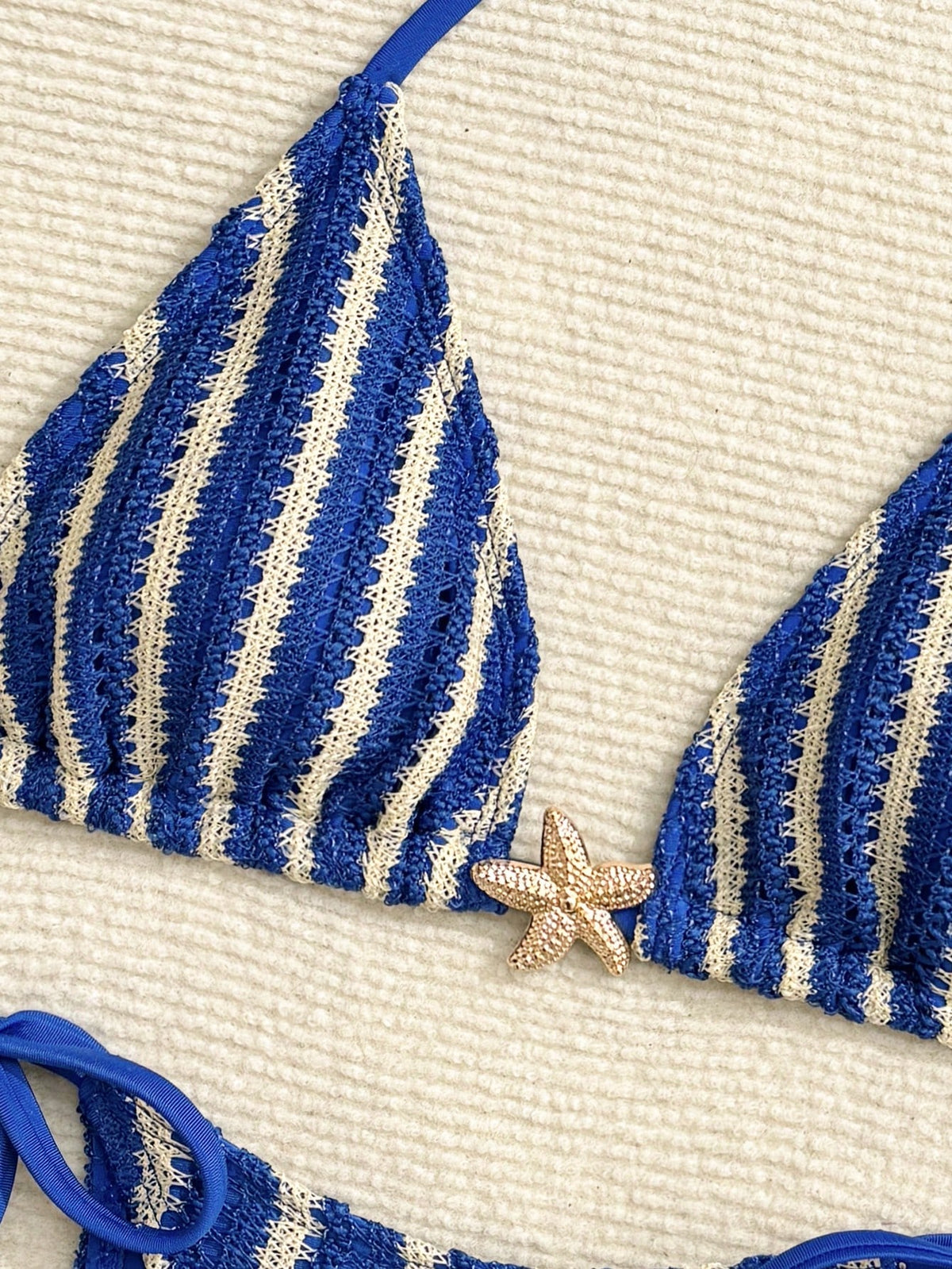 Costavie Blue And White Striped Summer Casual Beach Holiday Vacation 3-Piece Women Swimwear Set,Textured Knit Starfish Triangle Cup&Ruched Side Tie Shorts