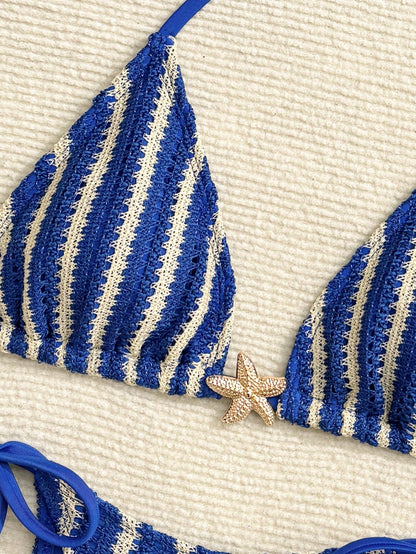 Costavie Blue And White Striped Summer Casual Beach Holiday Vacation 3-Piece Women Swimwear Set,Textured Knit Starfish Triangle Cup&Ruched Side Tie Shorts