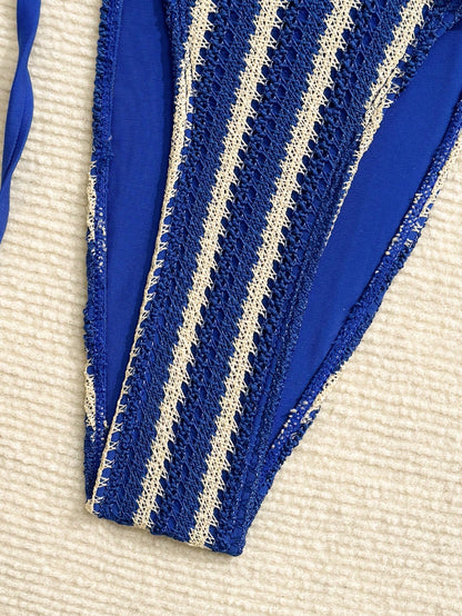 Costavie Blue And White Striped Summer Casual Beach Holiday Vacation 3-Piece Women Swimwear Set,Textured Knit Starfish Triangle Cup&Ruched Side Tie Shorts
