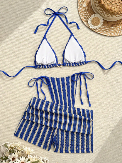 Costavie Blue And White Striped Summer Casual Beach Holiday Vacation 3-Piece Women Swimwear Set,Textured Knit Starfish Triangle Cup&Ruched Side Tie Shorts