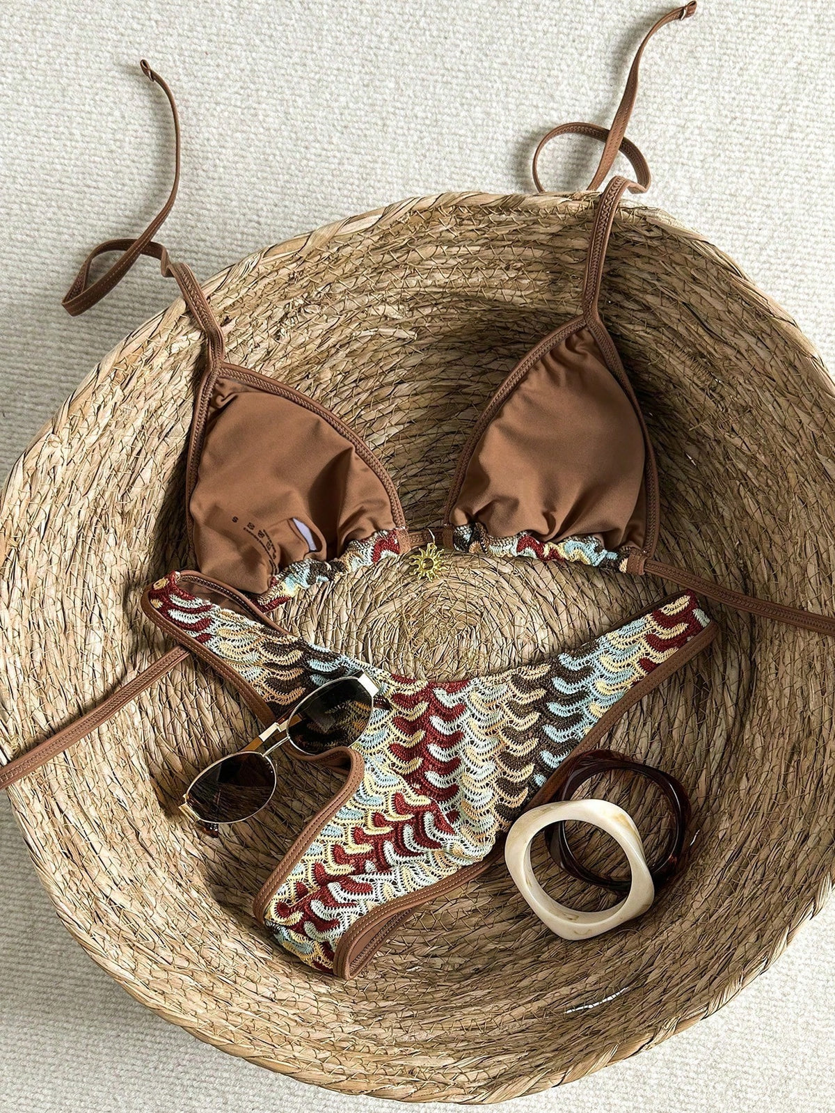 Costavie Nude And Brown 2pcs Crochet Bikini Set,Textured Halter Triangle Top&High Cut Bottoms Swimwear For Women,Boho Summer Beach Holiday Holiday Outfit