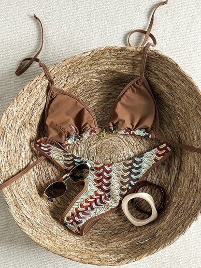 Costavie Nude And Brown 2pcs Crochet Bikini Set,Textured Halter Triangle Top&High Cut Bottoms Swimwear For Women,Boho Summer Beach Holiday Holiday Outfit