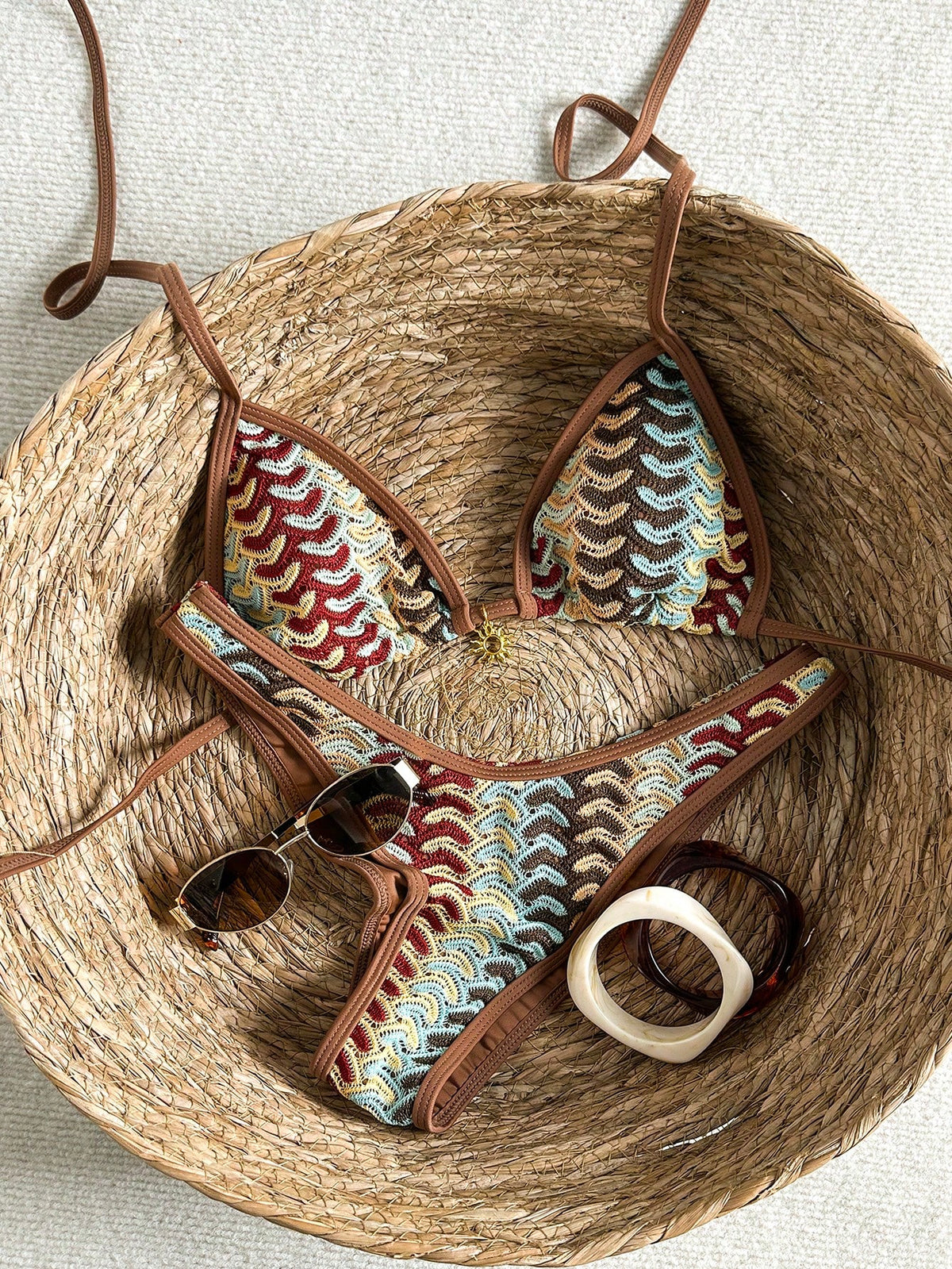Costavie Nude And Brown 2pcs Crochet Bikini Set,Textured Halter Triangle Top&High Cut Bottoms Swimwear For Women,Boho Summer Beach Holiday Holiday Outfit