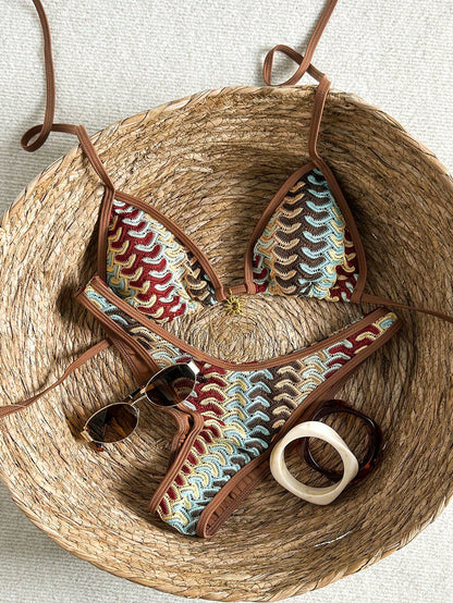Costavie Nude And Brown 2pcs Crochet Bikini Set,Textured Halter Triangle Top&High Cut Bottoms Swimwear For Women,Boho Summer Beach Holiday Holiday Outfit