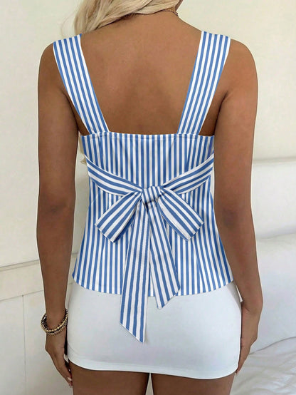 CovetEZ 2026 New Sweet Blue And White Stripe Summer Casual Vacation Camisole Top,Contrast Color Splice Open Back Tie Chic Y2K Party Beach Outings Street Style