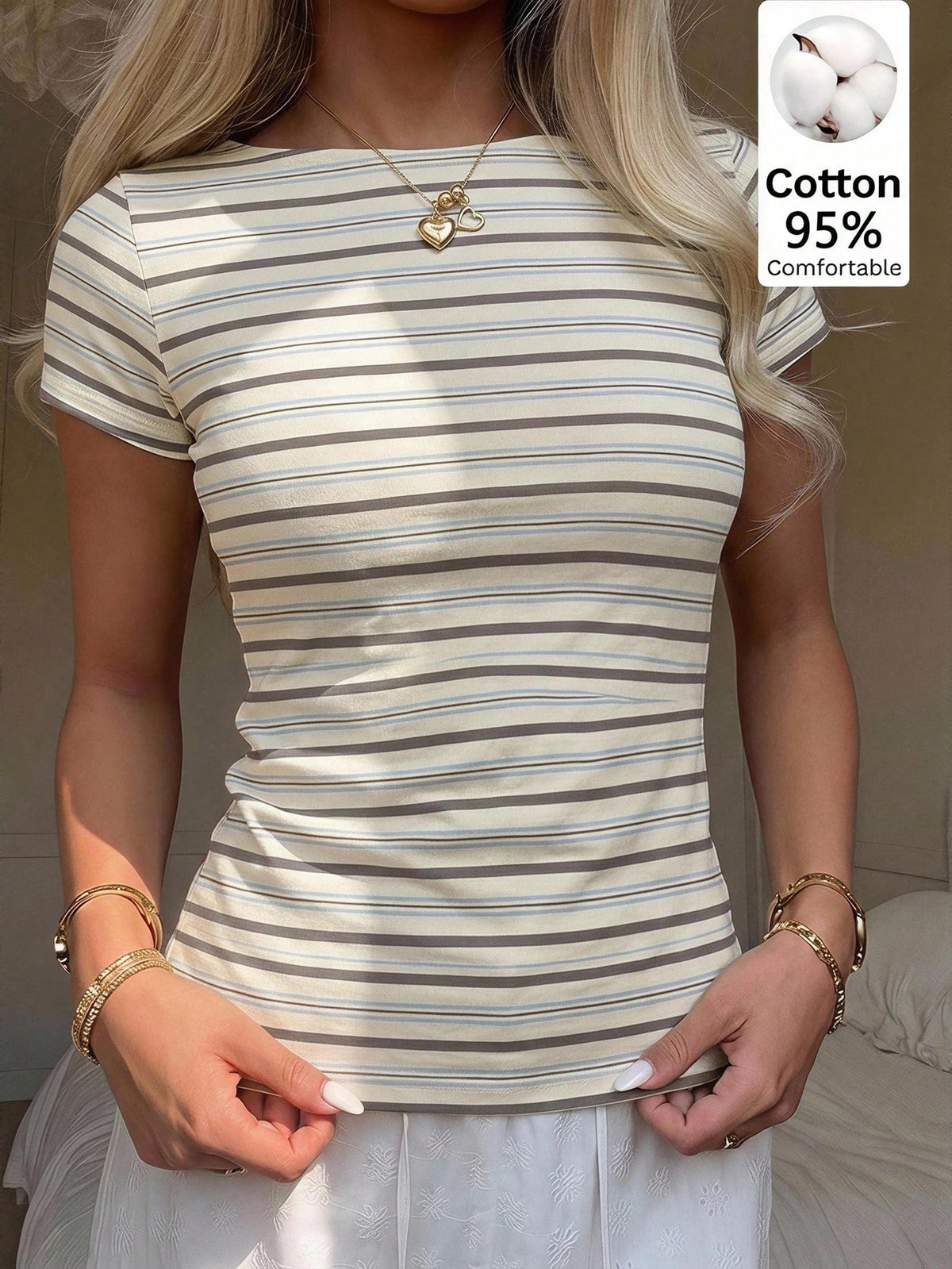 CovetEZ Casual French Minimalist Sexy Off-Shoulder Beige Short Sleeve T-Shirt, Suitable For Spring And Summer, Daily Versatile Party Travel Gathering Y2K Tops