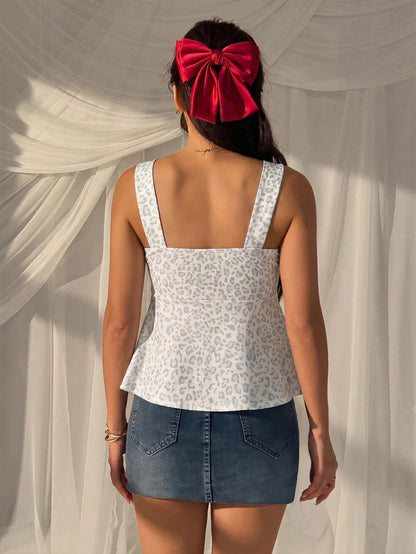 CovetEZ Vintage Sexy Black And White Leopard Print Pattern Casual Women's Drawstring Camisole Tank Top, Cute Summer Top For Outings, Daily Commute Going Out