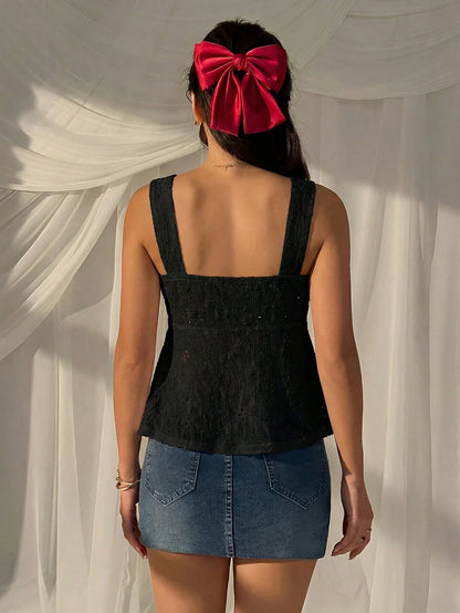 CovetEZ Women Black Knit Drawstring Front Thick Strap Tank Top,Summer Elegant Night Out Cute European Summer Outfits Bustier Latest New Arrivals Blouses