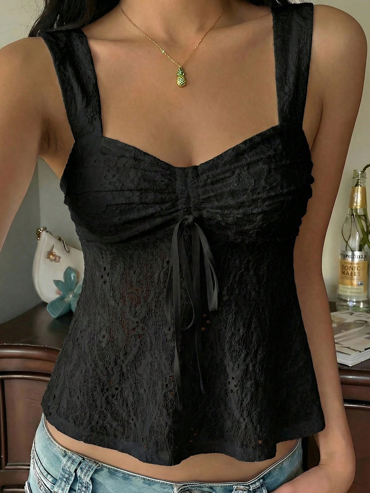 CovetEZ Women Black Knit Drawstring Front Thick Strap Tank Top,Summer Elegant Night Out Cute European Summer Outfits Bustier Latest New Arrivals Blouses