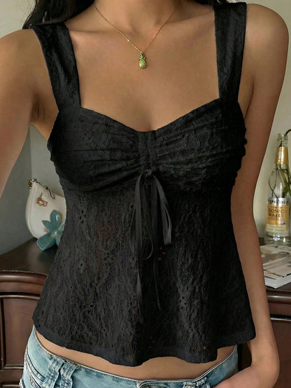 CovetEZ Women Black Knit Drawstring Front Thick Strap Tank Top,Summer Elegant Night Out Cute European Summer Outfits Bustier Latest New Arrivals Blouses