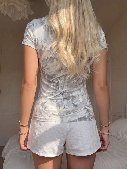 CovetEZ Women's 95 Cotton Grey Camouflage Print T-Shirt, Slim Fit Short Sleeve Casual Graphic Basic Top, Summer Urban Vacation Vintage Y2K Style, Holiday