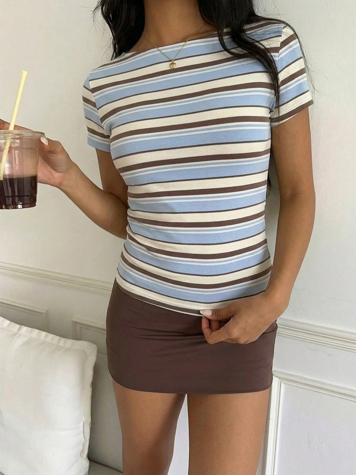 CovetEZ Women's Casual Fitted Short Sleeve T-Shirt, Striped T-Shirt, Women's Casual,Suitable For Daily Streetwear, Commuting, Dating, Gathering, Applicable For Summer, Autumn, Winter, Christmas, New