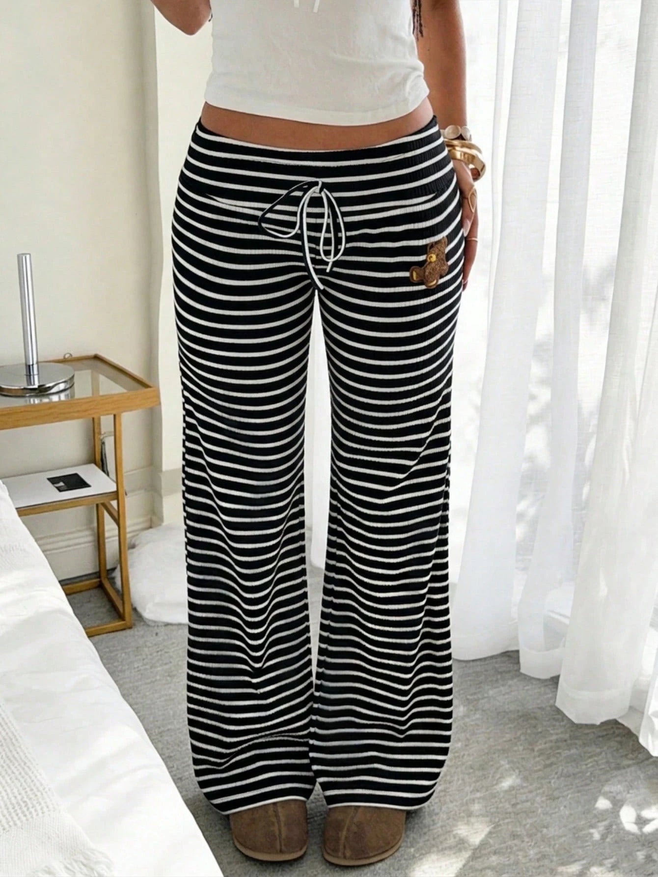 CovetEZ Women's Clothing 2026 New Style Home Casual Black And White Striped Cute Bear Pattern Plush Embroidery Low Waist Wide Leg Long Pants Everyday Autumn