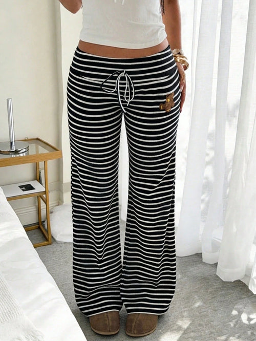 CovetEZ Women's Clothing 2026 New Style Home Casual Black And White Striped Cute Bear Pattern Plush Embroidery Low Waist Wide Leg Long Pants Everyday Autumn