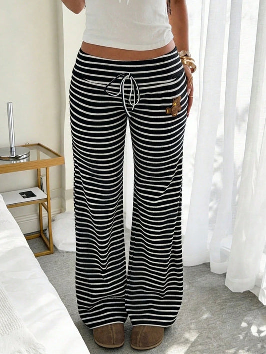 CovetEZ Women's Clothing 2026 New Style Home Casual Black And White Striped Cute Bear Pattern Plush Embroidery Low Waist Wide Leg Long Pants Everyday Autumn
