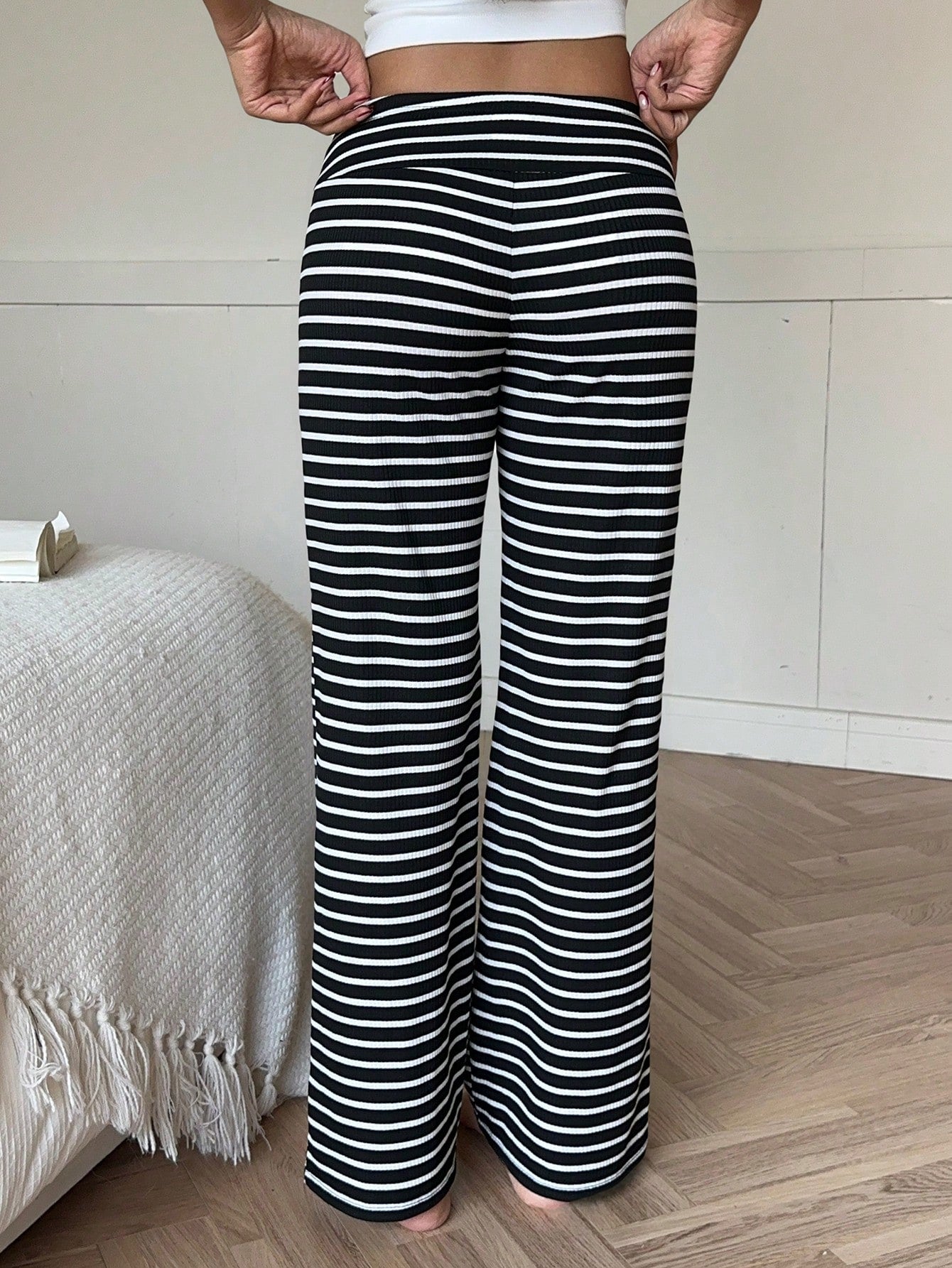 CovetEZ Women's Clothing 2026 New Style Home Casual Black And White Striped Cute Bear Pattern Plush Embroidery Low Waist Wide Leg Long Pants Everyday Autumn