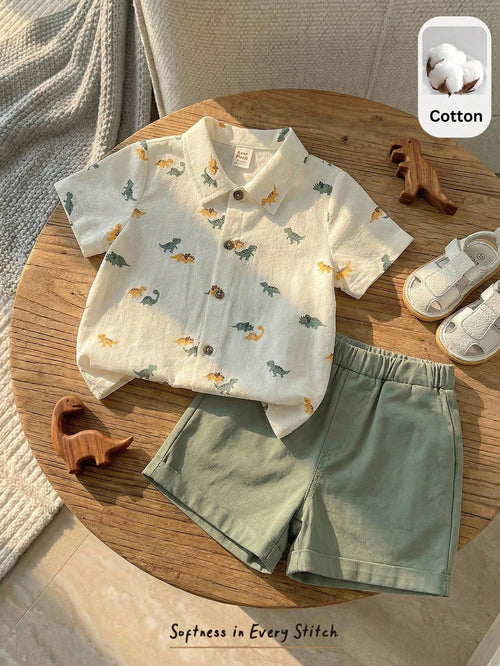 Cozy Pixies 2pcs Baby Boy Cartoon Dinosaur Animal Print Shirt And Elastic Waist Shorts Set,Soft Summer Color Palette,Summer,Casual,Cute,Beach Vacation Outfits