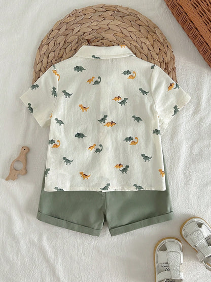Cozy Pixies 2pcs Baby Boy Cartoon Dinosaur Animal Print Shirt And Elastic Waist Shorts Set,Soft Summer Color Palette,Summer,Casual,Cute,Beach Vacation Outfits