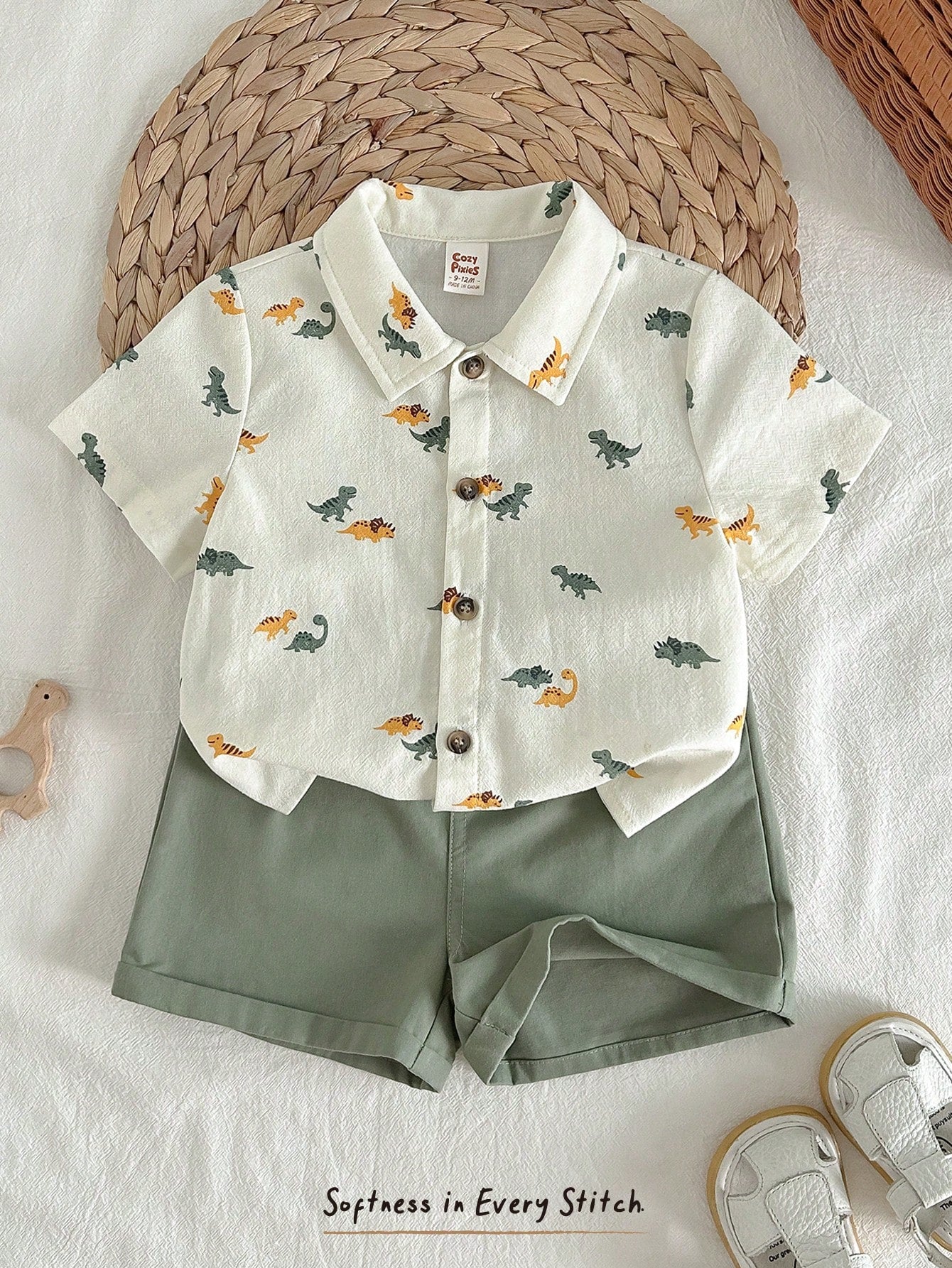 Cozy Pixies 2pcs Baby Boy Cartoon Dinosaur Animal Print Shirt And Elastic Waist Shorts Set,Soft Summer Color Palette,Summer,Casual,Cute,Beach Vacation Outfits