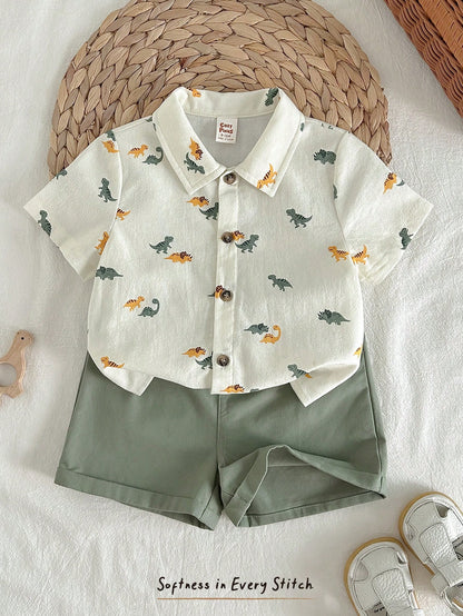 Cozy Pixies 2pcs Baby Boy Cartoon Dinosaur Animal Print Shirt And Elastic Waist Shorts Set,Soft Summer Color Palette,Summer,Casual,Cute,Beach Vacation Outfits
